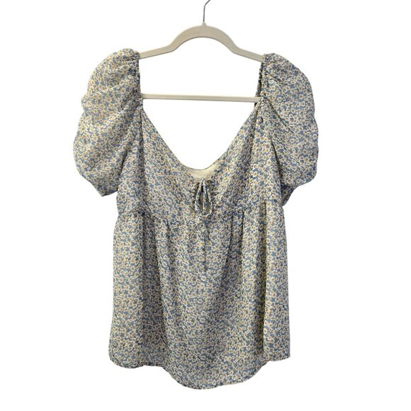 Louna Tops - Louna Blue Daisy Chiffon Puff Sleeve Boho Blouse Size Medium